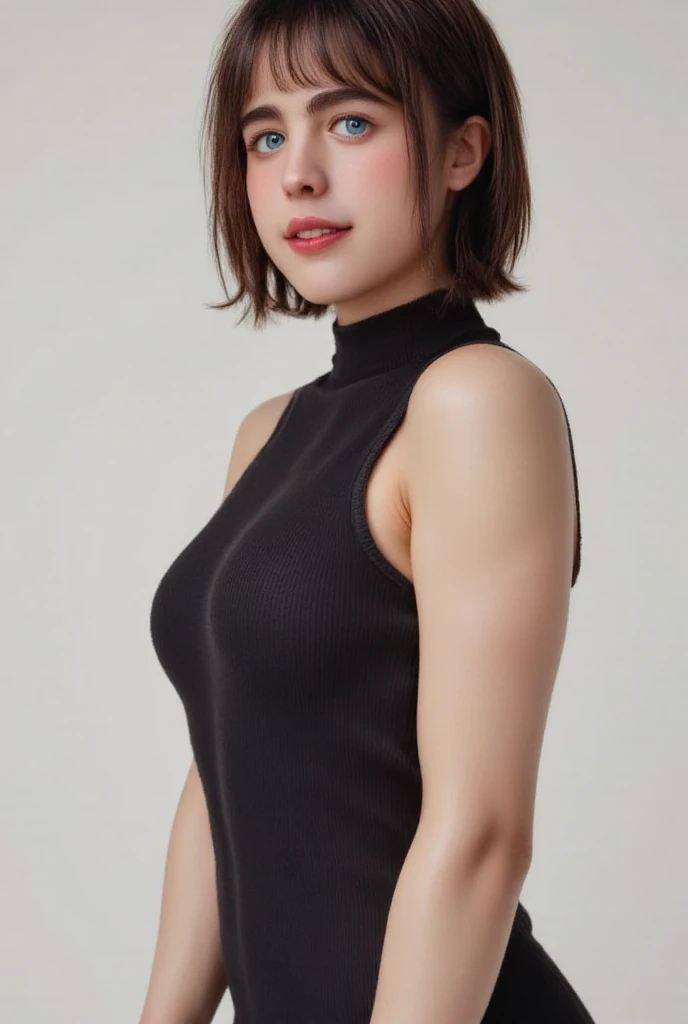 (Best quality, High resolution, Masterpiece :1.3), A tall and pretty woman with slender figure, (Dark brown hair styled in ponytail), Wearing , Outdoor, Sitting on bench, Details exquisitely rendered in the face and skin texture, Detailed eyes, Double eyelid