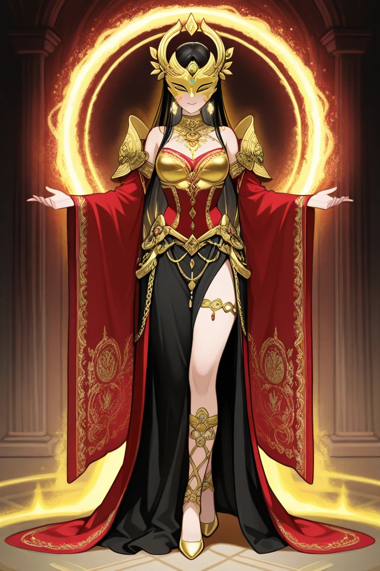 Gwynevere from dark souls as a goddess of fire with big breasts, dark hair and smiling. Revealing white robe with red accents and golden accessories. Background with symmetry. Sun symbolism on the background.
