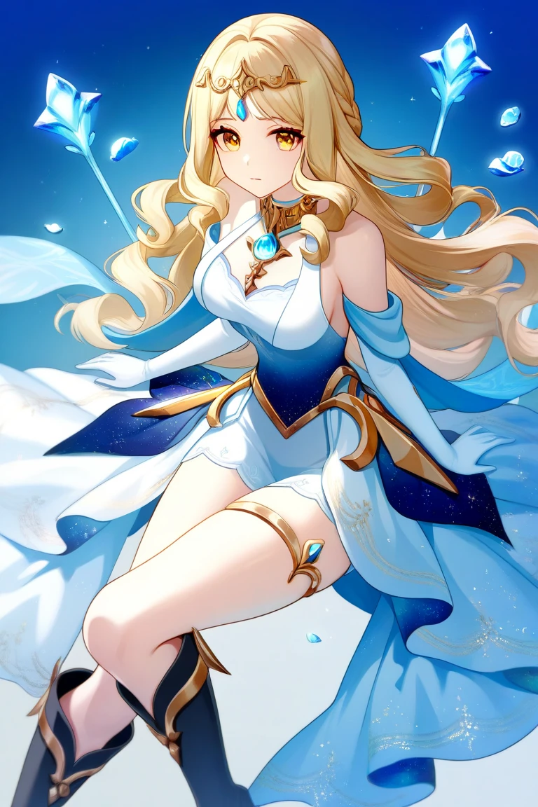 masterpiece, best quality, very aesthetic, absurdres, 1girl, mature_lady,posing pose,  off-the-shoulder dress, skirt, transparent, happy, (steam),((sweat))、The temptress、invite to lewdness、,lumine_(genshin_impact), genshin_impact, blonde_hair, short_hair_with_long_locks, sidelocks, yellow_eyes, hair_flower, hair_ornament, flower, white_flower,,besides a blue lake, night sky,stars,forest,Reflections in the water,,floating_hair