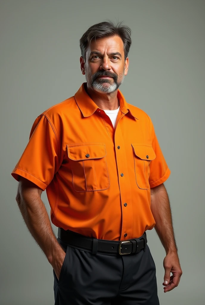tall overweight man in orange shirt and cargo pants uniform