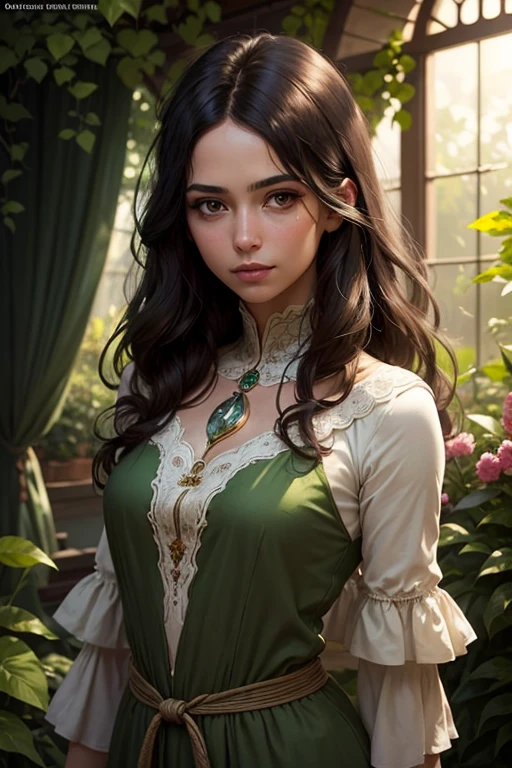 Realistic, detailed and very high quality representation of a character of a Woman, beautiful, green eyes, evil face, short black hair shaved on the side, perfect body extremely strong and defined, wearing a Victorian era armor, background a city and a blue sky. The drawing should show her powerful and inspiring qualities, while paying attention to her beauty and femininity.