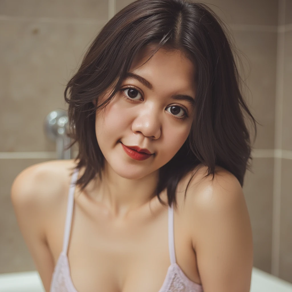 a white woman with short black hair, brown eyes, a beautiful face with slightly pink cheeks and a sweet look, with red lips, doing squats with hands on face