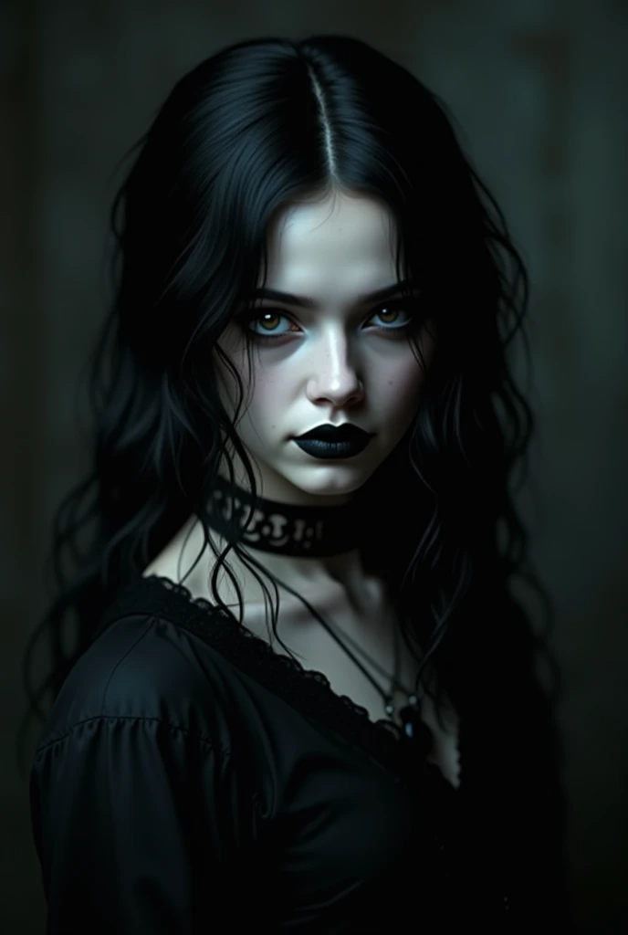 a gothic girl with her gaze turned towards something, behind her in the background we can see a werewolf, beautiful detailed eyes, beautiful detailed lips, extremely detailed eyes and face, long eyelashes, gothic dress, dramatic lighting, dark moody atmosphere, cinematic lighting, dark fantasy, horror, high contrast, chiaroscuro, dark colors