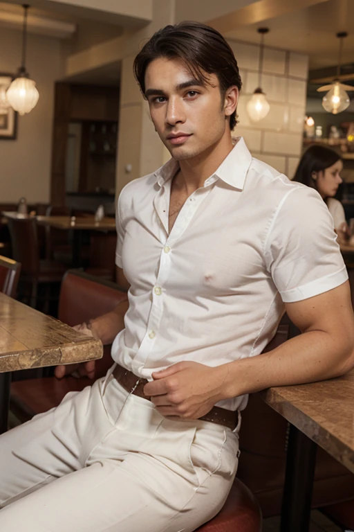 ((Best Quality, 8K, masutepiece: 1.3)), 1 Male, 26 years old, Smile, Full body, Full face, Handsome guy, Short dark brown hair, Clean white shirt on the upper body, Straight black suit pants on the lower body top, catshoes, Super Detailed Face, Detailed Eyes, Double Eyelids, Blurred Background, Slim Face, high rise building