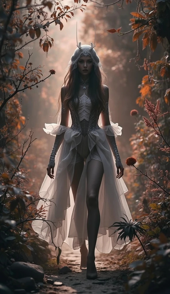 1girl, full body, flower embellished petticoat skirt, legs, high heels, ankle sock, detailed face, looking at viewer, detailed hair, flower embellished hairpin, whimsical dreamlike setting, lush enchanted forest, tyndall effect, humid, dust particles, (best quality, 4k, highres, masterpiece:1.3), (character concept art:1.2), scholar, naked pose, (elegant, ethereal beauty:1.2), brunette hair,