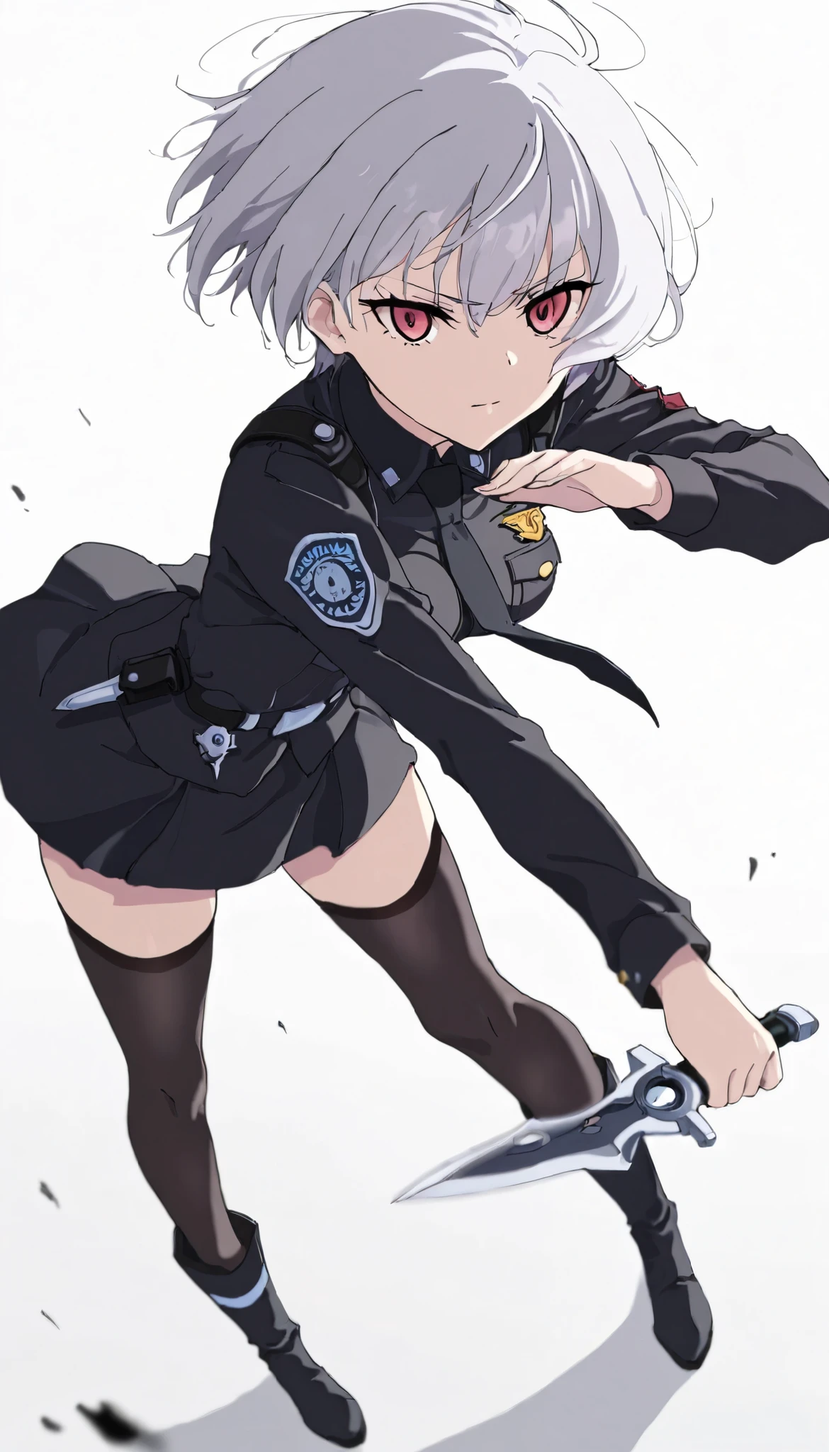 ((masterpiece)), (best quality), 1girl, solo, Simple background, temptation, delicate face, handheld dagger , Battle Pose , full body, silver short hair, long sideburn, Disdainful Eyes, Black Stockings, Damaged black police uniform, medium breasts, style: midjourney, white background, two-point perspective , Impact footage,motion blur,depth of field, closeup