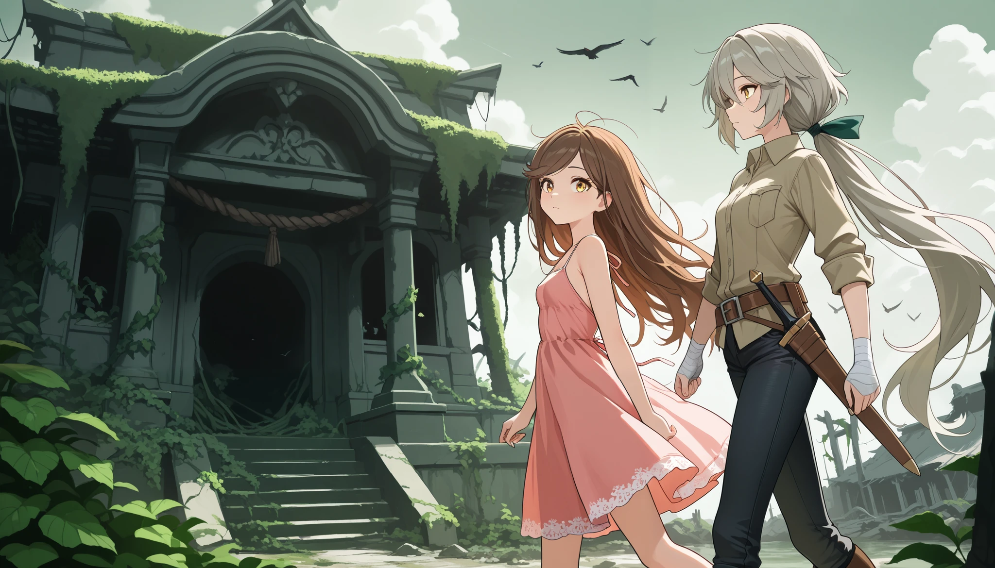 (masterpiece:1.2, Best Quality), (finely detailed beautiful eye: 1.2), (beautiful detailed face), 2girls, walking, traveling, carrying travel bags, from side,character: brown hair , brown eyes , very long hair , swept bangs thin , small breasts , bare shoulders , pink sundress , backless sundress , bandaged hands , spaghetti strap sundress , sundress with white frill trim , brown belt , brown combat boots , dagger sheathe attached to belt , character: thin , messy hair, yellow eyes , long hair , gray hair , low ponytail , light skin , yellow eyes , gray collared shirt , sleeveless shirt , black jeans , thin legs , thin thighs , swordbelt , sword sheathe , sword pommel, temple ruins, seaweed, ivy, green sea, greenish sky, drizzle, distant flying birds , thunderhead clouds,