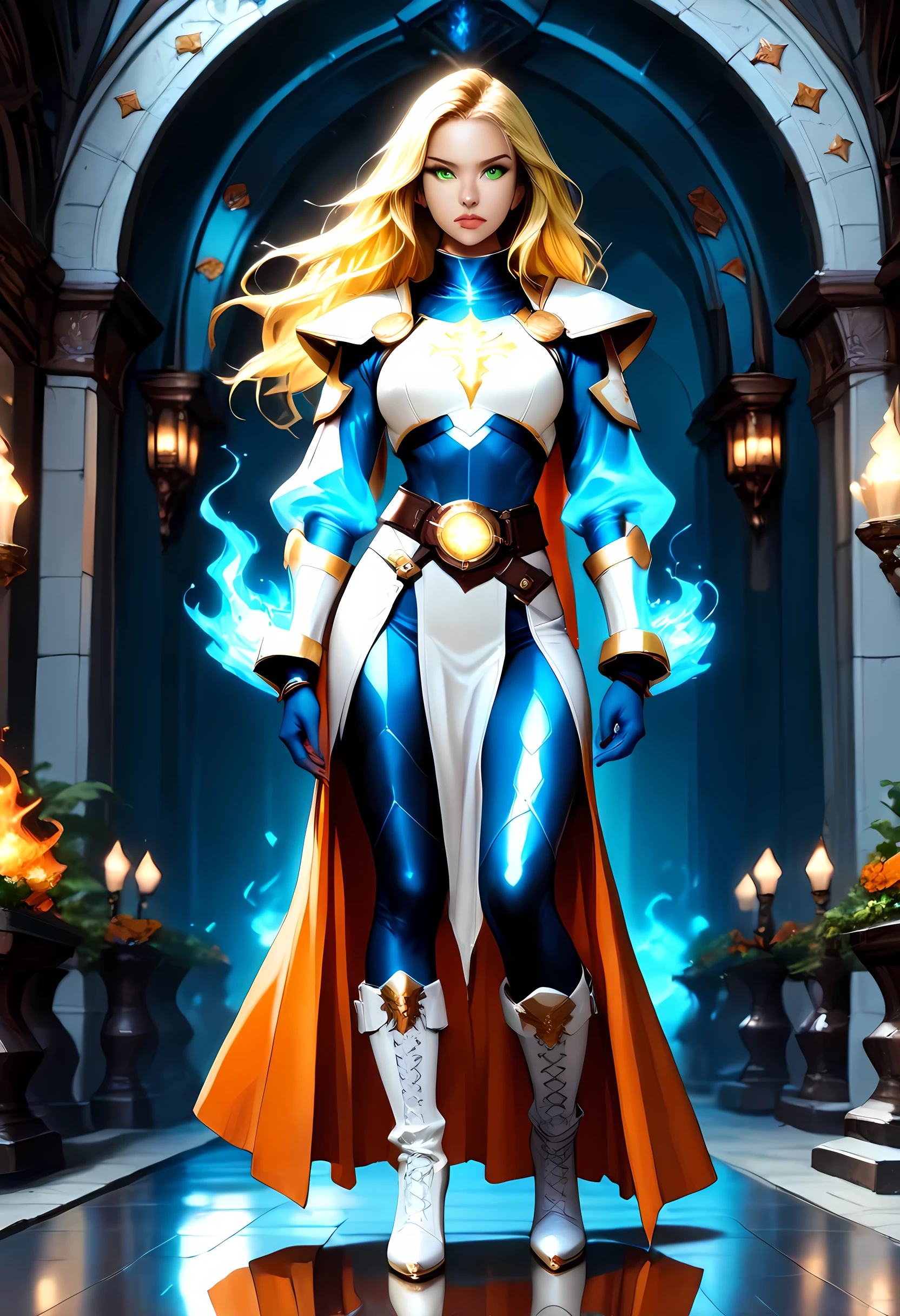 fantasy art, dnd art, RPG art, wide shot, (masterpiece: 1.4) a full body shot,  intense details, highly detailed, photorealistic, best quality, highres, portrait a female ((dark blue skin: 1.5)), intense details facial details, exquisite beauty, cleric, ((cobalt blue skin: 1.5)) female, ((yellow hair: 1.5)), long hair, (((no ears: 1.5))), (green eyes: 1.3), armed with a fiery sword red fire, wearing (white priestly combat vestments: 1.5), wearing high heeled laced boots, wearing an (orange cloak:1.3), wearing glowing holy symbol, within fantasy temple background, reflection light, high details, best quality, 16k, [ultra detailed], masterpiece, best quality, (extremely detailed), close up, ultra wide shot, photorealistic, RAW, fantasy art, dnd art, fantasy art, realistic art,((best quality)), ((masterpiece)), (detailed), perfect face, fantasy, Cinematic Shot, commix style