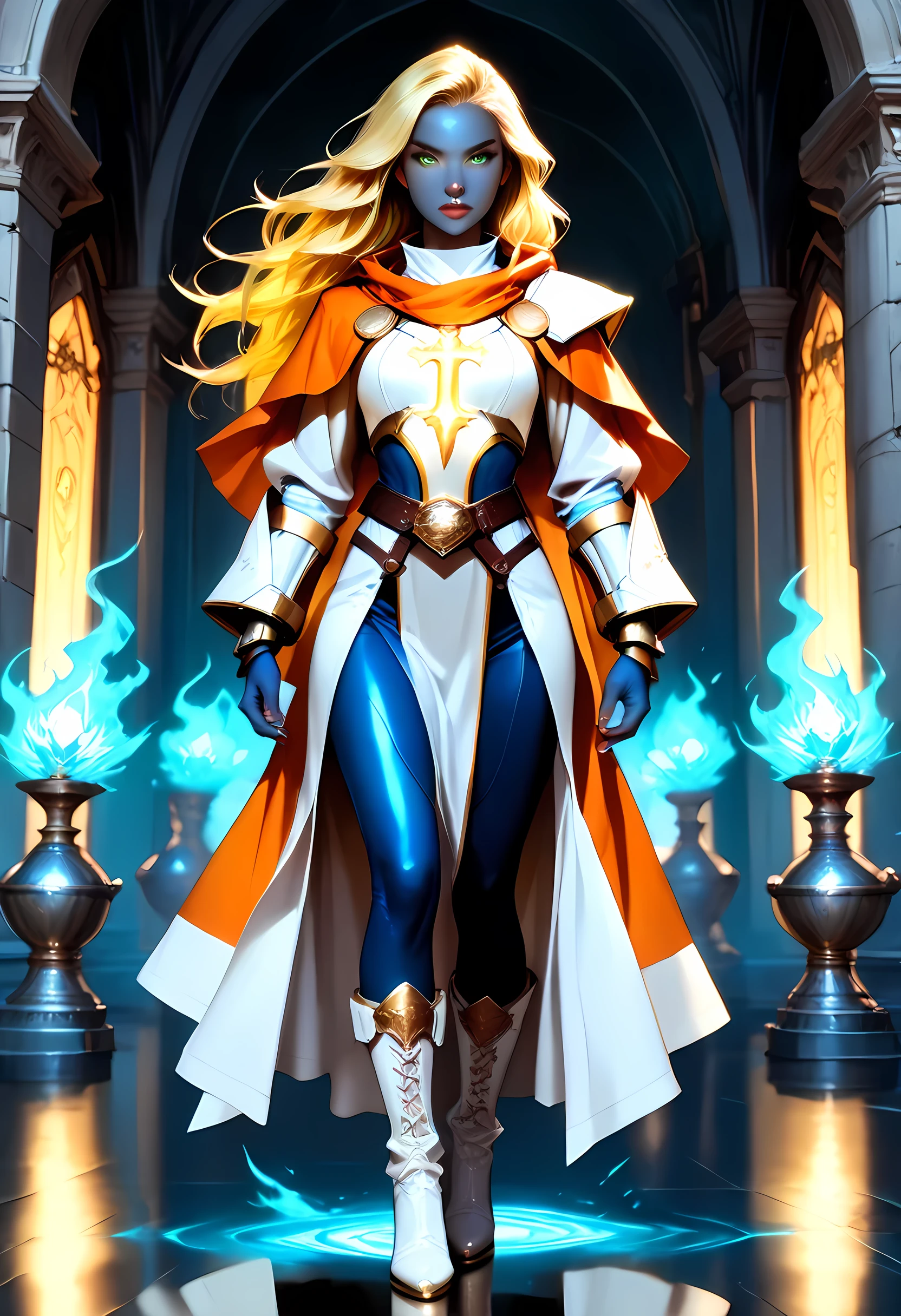 fantasy art, dnd art, RPG art, wide shot, (masterpiece: 1.4) a full body shot,  intense details, highly detailed, photorealistic, best quality, highres, portrait a female ((dark blue skin: 1.5)), intense details facial details, exquisite beauty, cleric, ((cobalt blue skin: 1.5)) female, ((yellow hair: 1.5)), long hair, (((no ears: 1.5))), (green eyes: 1.3), armed with a fiery sword red fire, wearing (white priestly combat vestments: 1.5), wearing high heeled laced boots, wearing an (orange cloak:1.3), wearing glowing holy symbol, within fantasy temple background, reflection light, high details, best quality, 16k, [ultra detailed], masterpiece, best quality, (extremely detailed), close up, ultra wide shot, photorealistic, RAW, fantasy art, dnd art, fantasy art, realistic art,((best quality)), ((masterpiece)), (detailed), perfect face, fantasy, Cinematic Shot, commix style