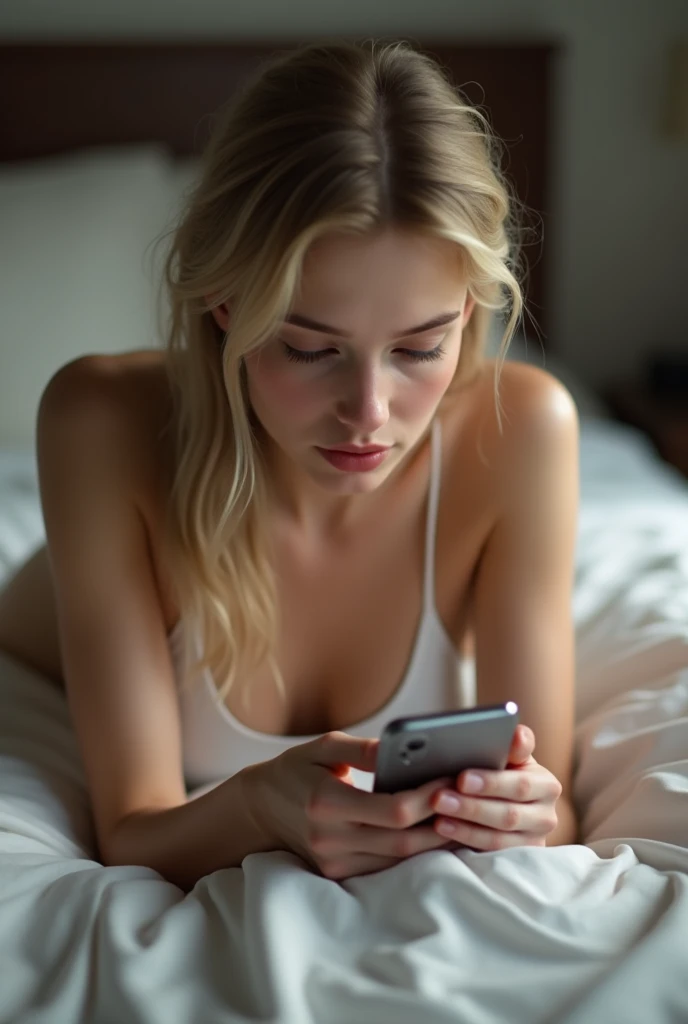 (photorealism:1.1), beautiful woman blonde, sitting on bef, playing ps5, naked, long hair, indolore, soft lighting, relaxed pose, realistic, intricate details, warm colors, cloudy day