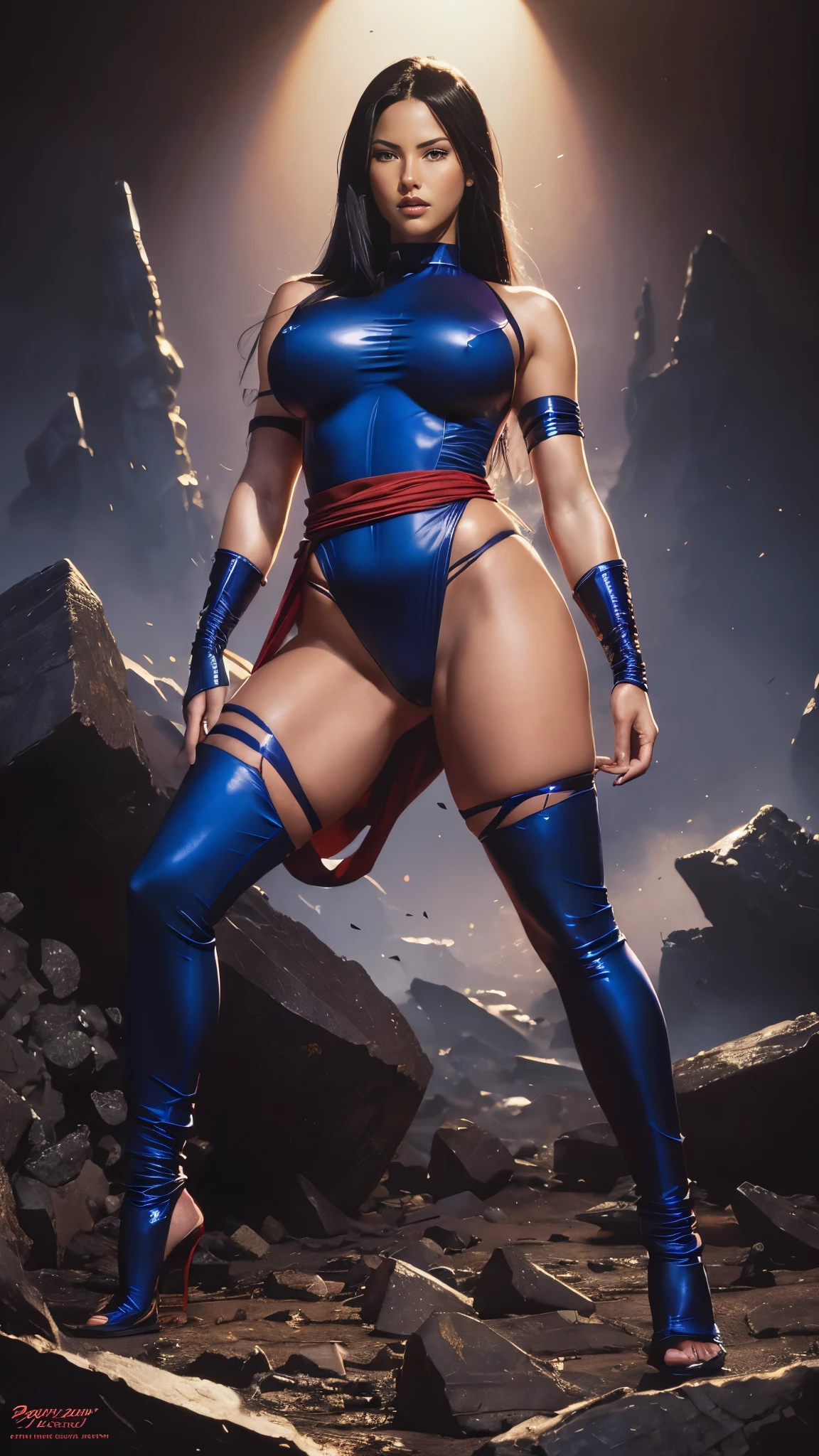 Art image of Olivia Munn as Psylocke, busty, beautiful, dark blue costume with red sash at her waist black hair, large breasts, by Louis Royo, Boris Vallejo, J. Scott Campbell, extreme focus, sharp details, sexy, oily skin, show feet, full body,,