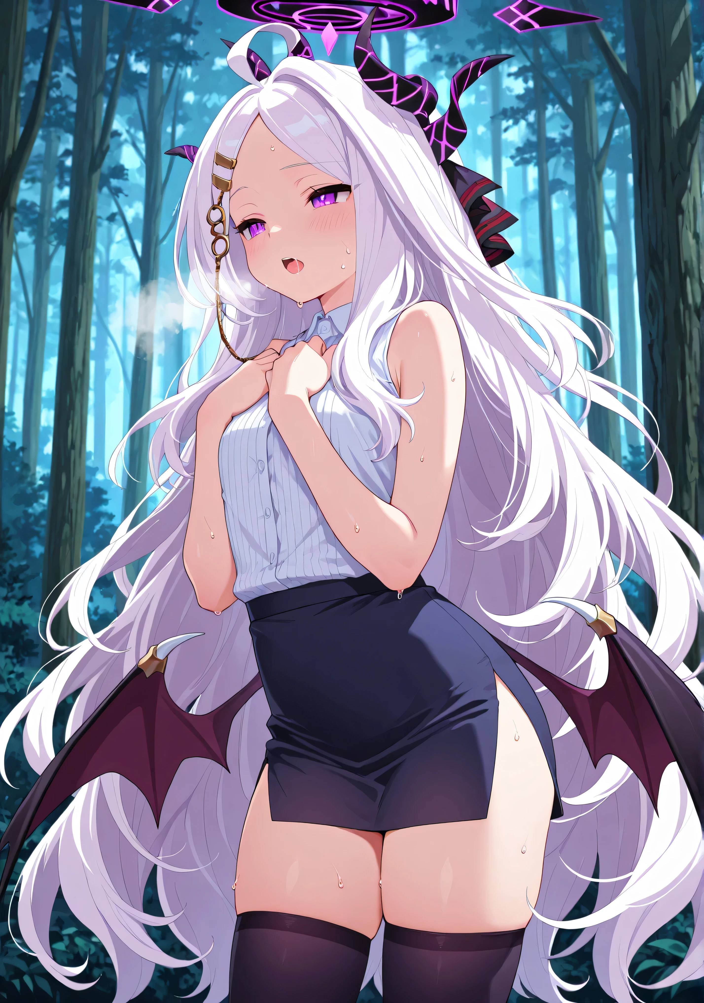 8k wallpaper,Masterpiece, high quality, high quality, very aesthetic, absurd, latest, Masterpiece, high detail, 1girl,solo, horny face, open mouth, heavy breath, salivating, sweating, blushing, thighs, standing, forest, hina sorasaki, purple eyes, white hair, halo, ahoge, parted bangs, very long hair, demon horns, demon wings, hair ornament, non sleeves office outfit, bare arms, miniskirt, multiple horns, side slit, thighhighs, zettai ryouiki, hands on chest,