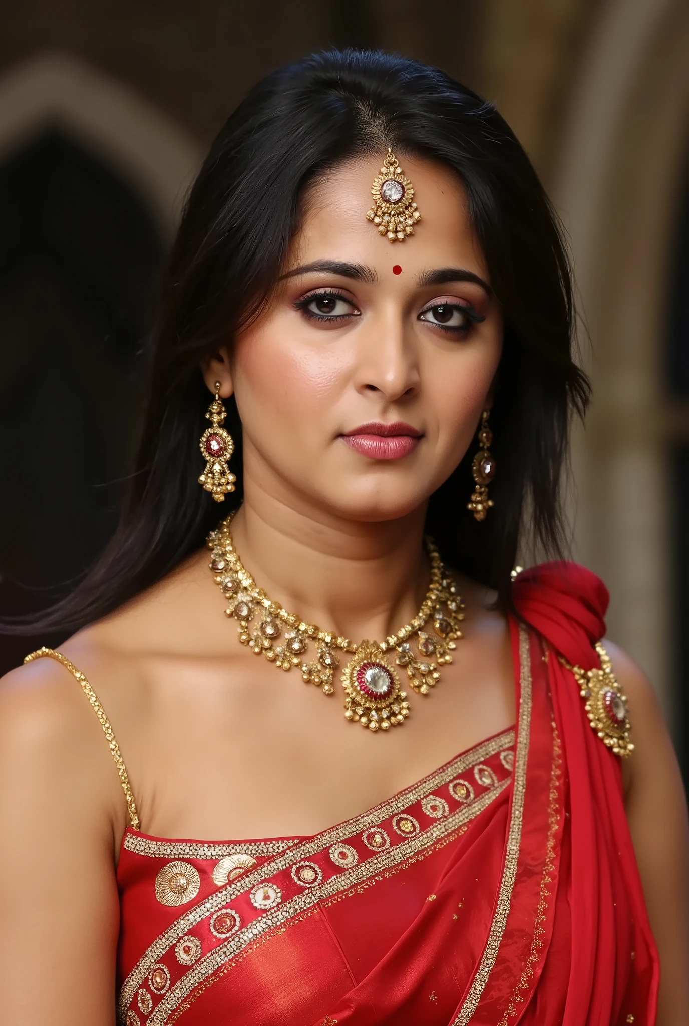 Anushka Shetty Indian actress beautiful actress sexy curvy plus size model woman in a different red black bandeau blouse , cleavages , manga mala necklace ornament in necklace for wedding, Head Jewelry for wedding, busty, , upperbody closeup, round belly, thick body, England Church background, Aegis Amaterasu Embroidery