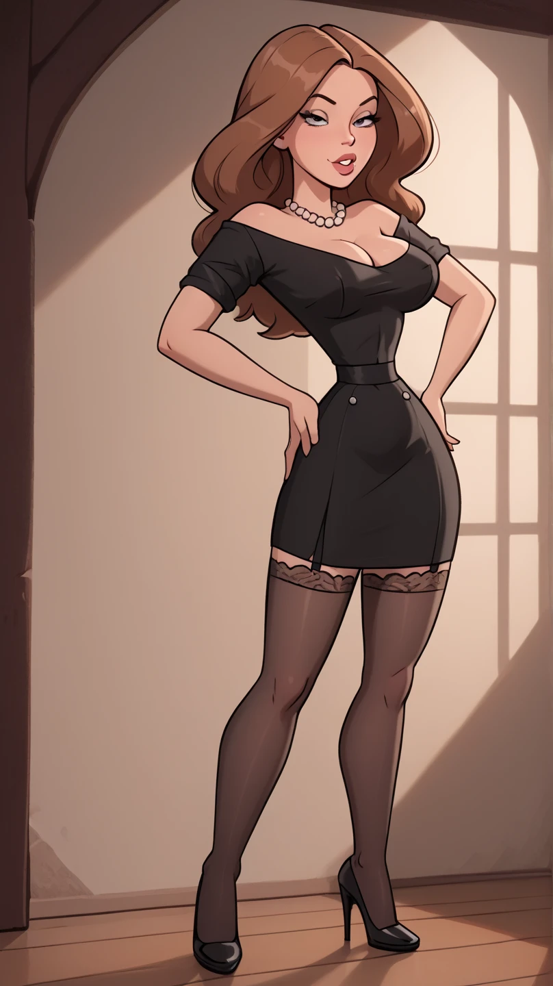 An experienced haughty furry with her black haircut and feminine curves poses standing for a photo (outdoors:0.75). She is dressed in a low-rise miniskirt, a camisole, thigh highs and high heels (in the style of Earle Bergey:0.25)