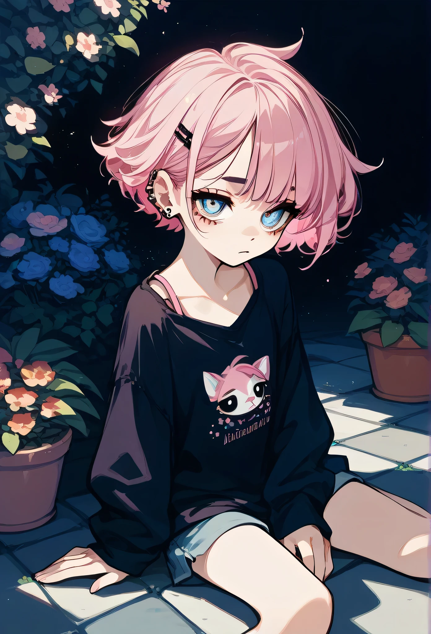 Masterpiece, best quality, Young, pastel pink hair, short hair, piercing eyes, curvy body, dark background, sitting on the floor, ghotic outfit, EYE BAGS, eye shadow, garden, tired