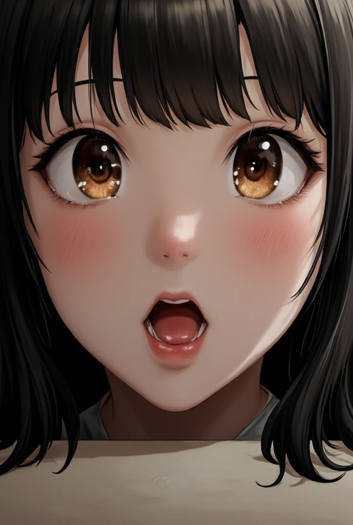 (masterpiece), ((最high quality)), (masterpiece,最high quality,Official Art,Highly detailed CG Unity 8k wallpaper)、Beautiful Japanese Women、Face drawn in detail、Smooth Skin、(Short black hair:1.5)、Calm expression、high quality、Realistic、((Hollow Eyes:1.3))、A seductive smile、(Open your mouth and stick out your tongue:1.3)、(Looking up at the viewer:1.4)、((Place one hand over your mouth))、Big Breasts
