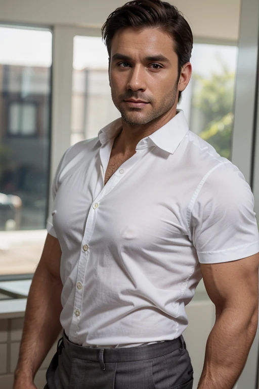 Award-winning original photoen, 30 years old man and wild muscular man, 40 years old, short beards, burly, hunk, wearing shirts, smilling happil, detailed, lovely, full body,  creme formal trousers, big bulge