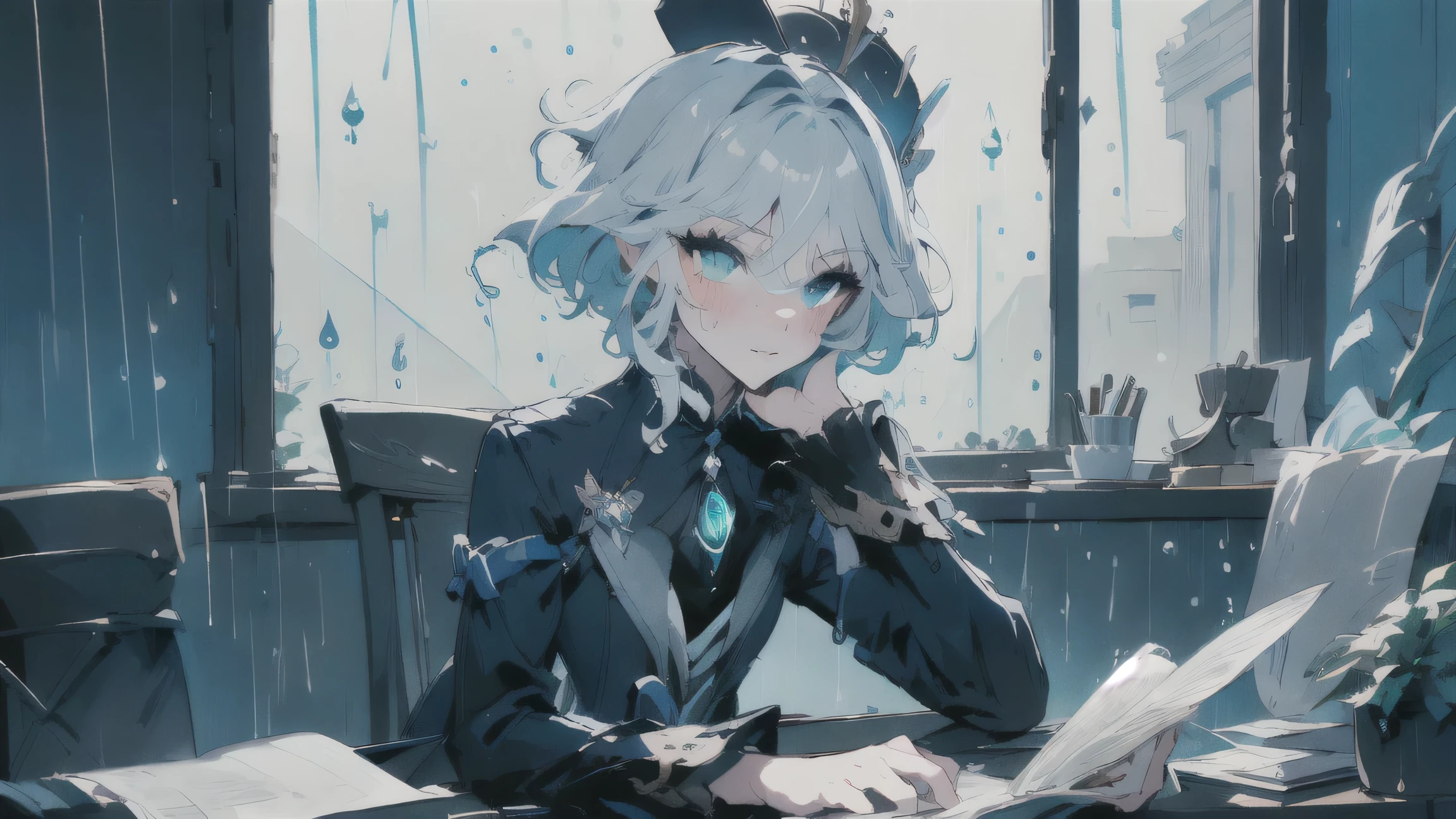 masterpiece, best quality, high resolution, ultra-detailed, 4k wallpaper, official art, Genshin Impact style, illustration, sharp focus,
(blue color palette:1.3), cool color tone, predominantly blue, moody lighting, rainy day atmosphere,
1girl, solo, Furina (Genshin Impact), Focalors, (default Hydro Archon outfit:1.1), blue and white dress,
(no hat:1.4), short white hair, heterochromia,
(beautiful detailed face:1.3), perfect eyes, intricate details on face, focused expression, calm expression, serene,
sitting at a wooden desk, reading a book, holding an open book, looking down at book, upper body shot, (medium shot:1.1),
indoors, sitting near a large window, (window behind desk:1.1), (rain outside:1.2), raindrops on window pane, blurred view through rainy window,
elegant room interior (subtle details),
(small fancy cake:1.1), (cup of coffee:1.1), steam rising from coffee, plate, on the desk, beside the book,
delicate hands, detailed clothing folds, ambient occlusion, depth of field (slight background blur on interior, focus on Furina and desk)