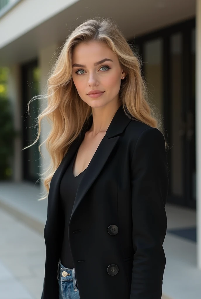 A 25-year-old European girl,make up,1 girl,Alone,blond,Chest,blue eyes,Long hair,Cleavage,Looking at the audience,Lip nail,Upper body,Lips,lifelike,大Chest,Black tight skirt,White coat,high quality,detail,photo