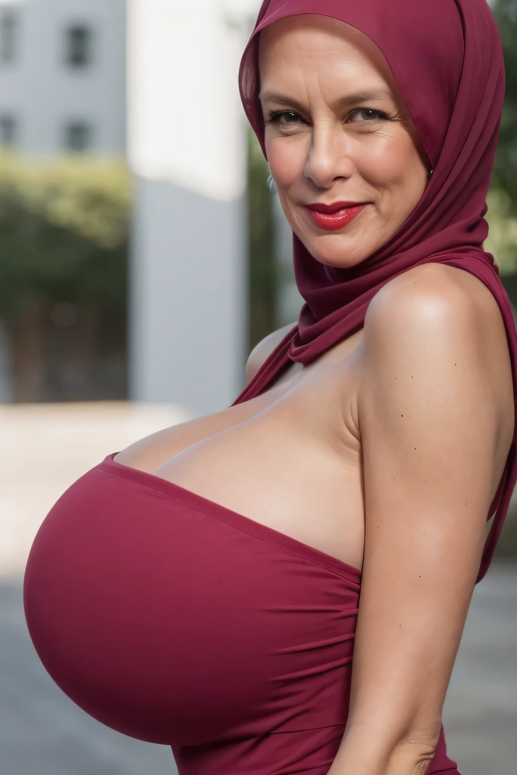 Jumbo (Oversized), Chubby adorable, 1 girl, (face to face), , baby face, angry face expression, half body portrait, (face details: 1), (eye details: 1), ((big breasts)). wearing transparent transparency soft long shirt, hijab, .. Cute posed. proportional body. Ultra High Res. realistic: 1.4, UHD, ((flowers pattern)), ((Bigger:2.3)), (((RED BACKGROUND)))