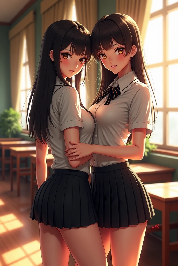 Ultra realistic , two girls, obra maestra, mejor calidad, alta calidad, defined, detailed, HD, (piel morena), ojos definidos, ojos cafes intensos, long eyelashes, small mouth, sonrisa, :D, very long hair, pelo liso, pelo oscuro, cuerpo reducido, bosom barely contained, big breasts, sexy, posando foto, estudio, mini skirt rosa, sin sostenes, no bra, excitada, pezones erectos, libros, sentada, leyendo, nice view, full body, nice body, pink, camisa blanca, camisa ajustada, abierto, mojada, sudada, caliente, tight, sonrojada, nice legs, no socks, sin flequillo, peinada hacia atras, teacher big breasts, pose lasciva, girl changing clothes, petites, no skirts, bikinis, showing butt