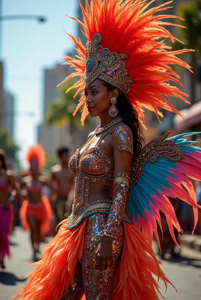 Silver women's samba costume with an African warrior theme