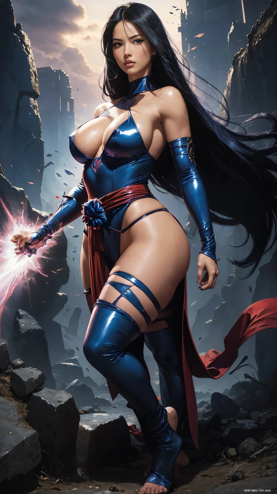 Art image of Olivia Munn as Psylocke, busty, beautiful, dark blue costume with red sash at her waist black hair, large breasts, by Louis Royo, Boris Vallejo, J. Scott Campbell, extreme focus, sharp details, sexy, oily skin, show feet, full body