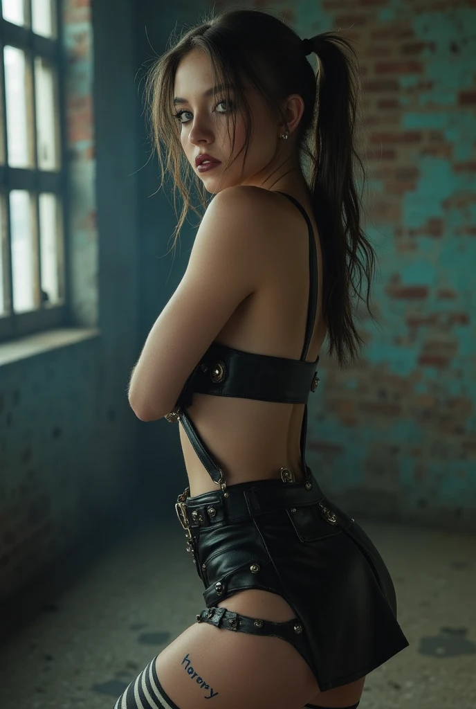 handcuffed girl, looking helpless, scared girl, her spilling out her bra, in a scary abadonded basement, ginger, pigtail, her bra is half undone, horror ambience, gloomy lighting, girl seems scared, she is chained in the wall, girl, small, tiny, she wears fishnets as well, she wears black g string, showing her ass wearing g string, the cuffs are visible as well, her hands is handcuffed behind her back as she bets over to show her g string in the camera, (((head turned to watch at the camera))), SHE LOOKS AT THE CAMERA