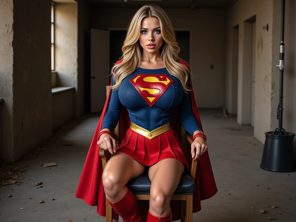(platinum blonde hair), Digital illustration, cover comic in 1990s  style marvel comics, VFX , digital drawb,  sitting on a chair in a room, instagram model, Thick and shapely thighs and legs,  blue school uniform in, model, hot   girl, art style in  the characteristic style of the artist Artgerm, and his most epic comic covers to Marvel comics, red cape, blue skirt, white shirt