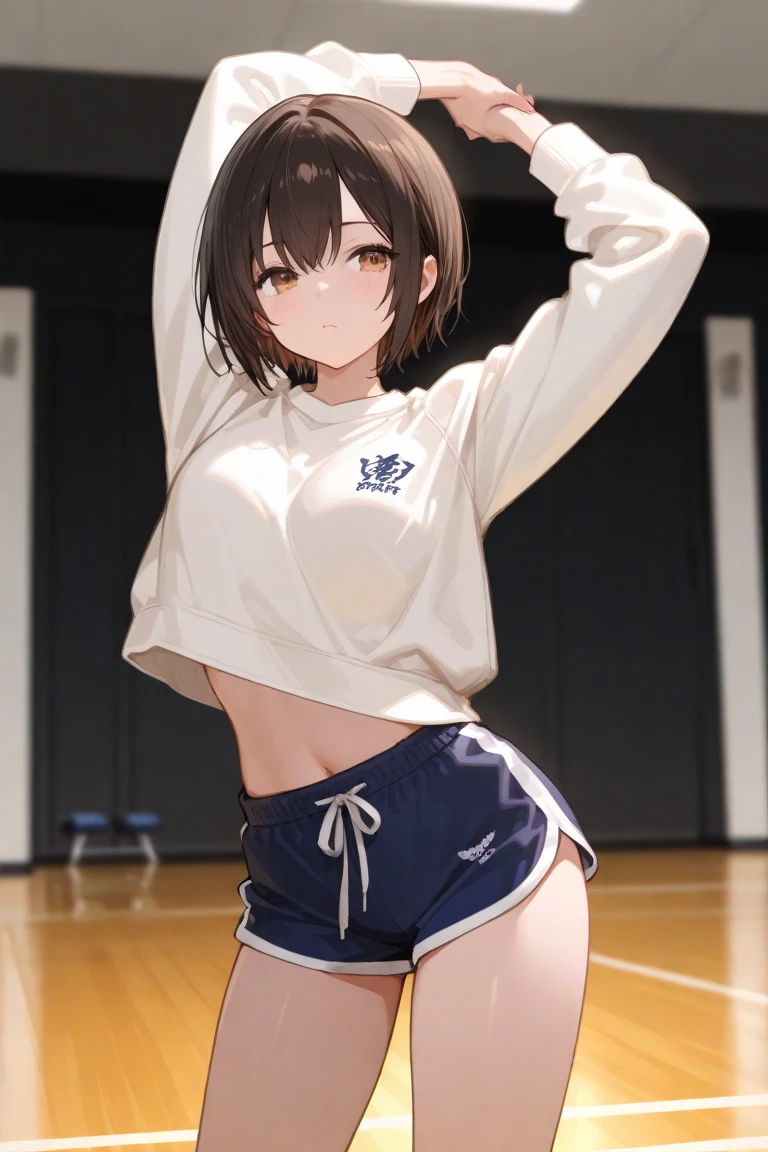 1 girl, 19 years old, alone,smile,
NatsunoMinami,Gym suit, bloomers, brown eyes,top-quality,Top image quality,in 8K,4K,​masterpiece,ultra-detailliert,Beautiful、ultra-quality, best quality,high resolution, ultra-detailed,game cg,dutch angle,beautiful detailed eyes,five fingers,a beauty girl,wet,(Running form:1.4),open mouth,Navel, abs, big breasts, bsre breasts, (blushes 1.5).
