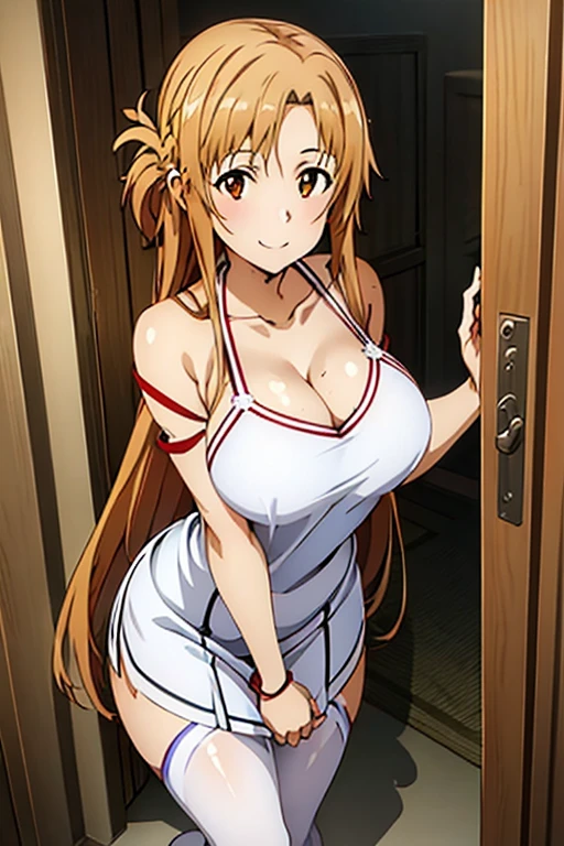 Asuna Yuki(Sword Art Online),Dynamic Angle,Long bronze hair,Braiding,Brown eyes,Fine grain,Big bust line,Roll forward,real,Her slim legs are really cute,Very beautiful long legs,Perfect body,real,Are standing,white lace luxury panties,Dynamic pose of hands holding luxury items,Under the skirt, All naked,naked,Pussy,Pussy,Nipples,tits,penis,penis,Dick,,liquid,Sweat,massive,Sex,evening,Backlight,evening