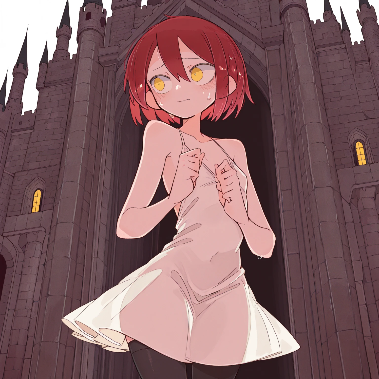 (Masterpiece), Best Quality , ultra-detailed, 1girl (Gwendolyn_Tennyson, breasts, naked body, orange hair, short hair, green eyes, half-closed eyes), a come-hither face, wicked smile, parted lips, solo, facing viewer, looking at viewer, sundress, forest, in the mountain cabin, night time, dark lighting, standing, come-on, spread arms, , gale, skirt lift, love juice flows out of her pussy