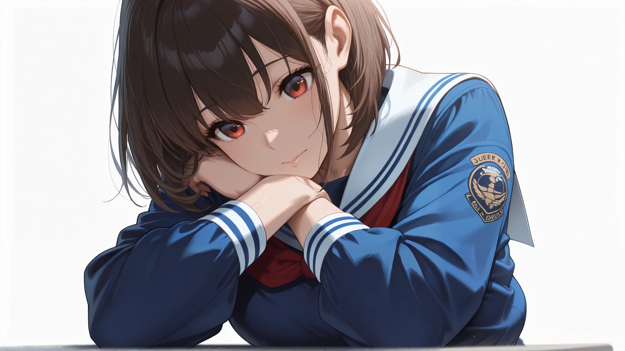 has a white background, beauty, beautiful eyes, masterpiece, accurate, textured skin, Super Detail, High Details, high quality of wavy lines, BEST QUALITY, high resolution,uniform、sailor suit、Just above the chest、blue shirt、long sleeve、clavicle、Strength training、sports、 sports、 Kinki Chizu