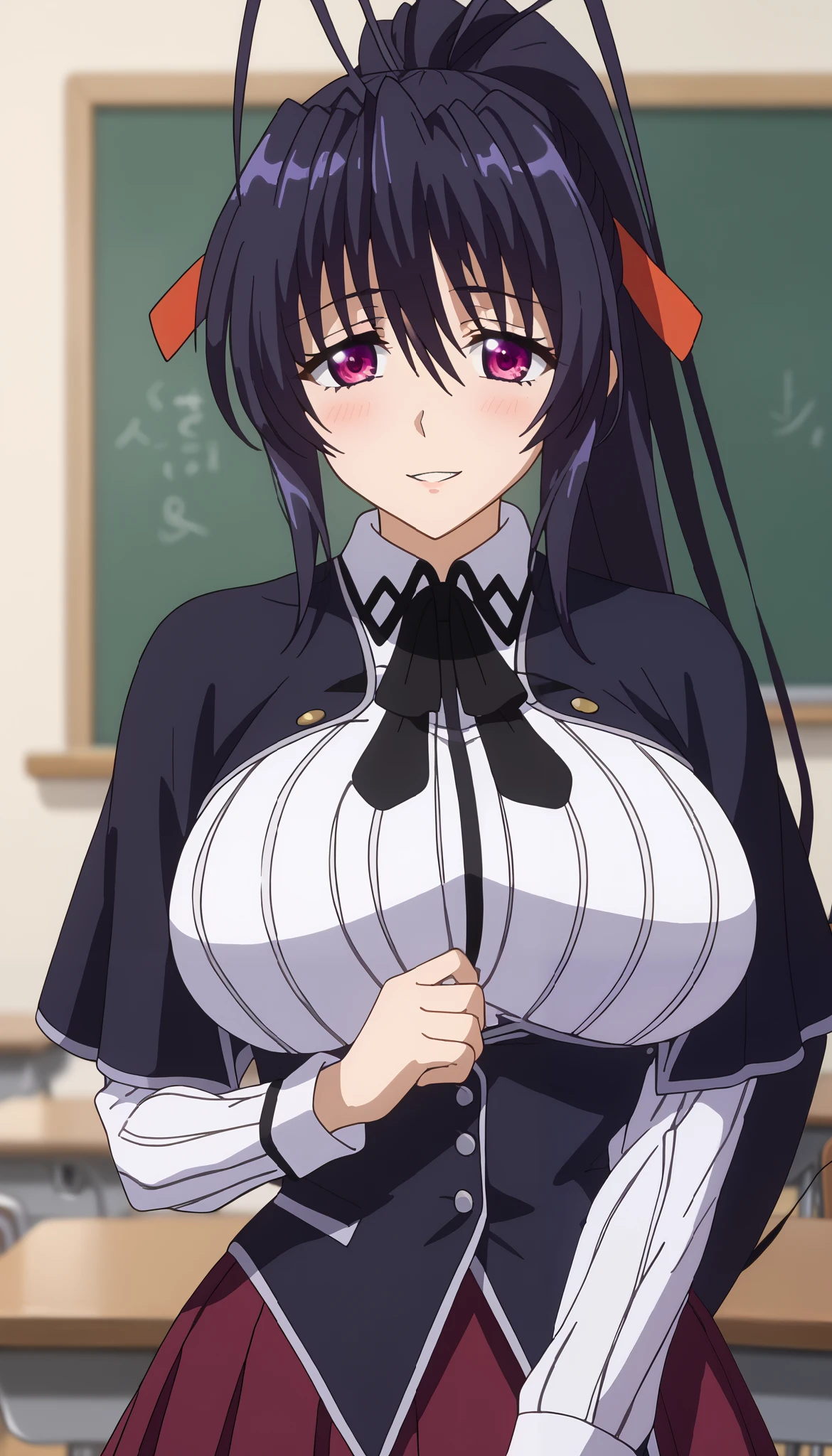 score_9, HimejimaAkeno, 1girl, solo, parted lips, light smile, light blush, high ponytail, long hair, black hair, purple eyes, cheeks blushed, antenna hair, hair ribbon, red ribbon, black capelet, striped shirt, white shirt, neck ribbon, black ribbon, long sleeves, black corset, buttons, pleated skirt, frilled skirt, purple skirt large breasts, wide-hips, looking at viewer, blurry background, classroom, centerfold, modeling, perfect hands, handfixer