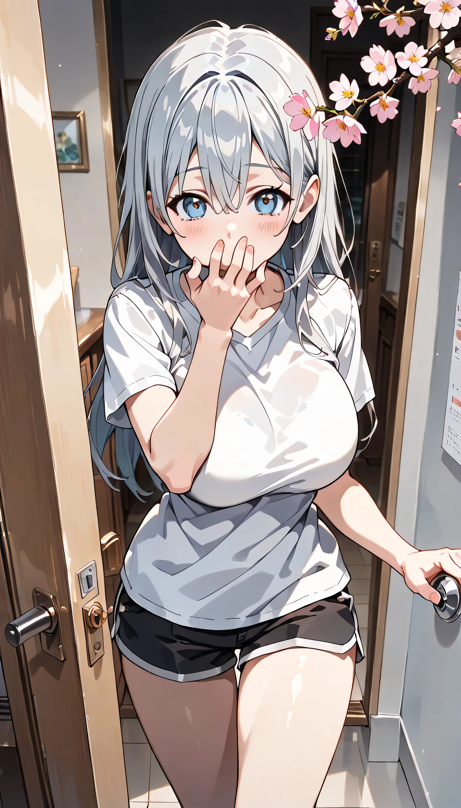 ((ultra-detailed)), (highly detailed CG illustration), (best quality:1.2), ultra-highly detailed, colorful composition, artistic photoshoot, 1girl, solo focus, ((thigh to top:1.4)), ((cowboy shot:1.4)), moe anime character, girl, dainty facial structure, (baby face), (round face), ((rounded chin:1.2)), ((ideal ratio body proportions)),  (blue eyes),  ((Yawn)), ((put hand on mouth)), ((Sleeping)), silver hair color, long hair, ample breasts, white T-shirt, braless, black shorts,  (morning), (standing at the entrance), ((opening the front door:1.4)), ((opening door of apartment:1.4)), ((open the door from inside out:1.4)), ((Holding the doorknob:1.4)), ((looking viewer)), ((cherry blossoms in full bloom:1.4)), best quality, masterpiece, dynamic pose, overhead shot, expecting, pink cheek, blush, light pink gloss slip, portrait, depth of field, soft lighting, sidelighting, (shine), lighting, caustics, ray tracing, smile, perfect face, lustrous skin, highly detailed face, highly detailed eyes, perfect face, perfect nose, perfect hair, perfect eyes, perfect anatomy, beautiful hair, beautiful small face, extremely detailed face, beautiful detailed eyes, beautiful clavicle, beautiful body, beautiful huge breasts, leavage, breasts squeezed together, equalize the size of the left and right breasts, beautiful thin thighs, beautiful legs, beautiful fingers, 4 fingers, 1 thumb, lovely, (very detailed background:1.0), (highly detailed background:1.0), spring aesthetic, intricate details, morning atmosphere, spring colors palette, chromatic