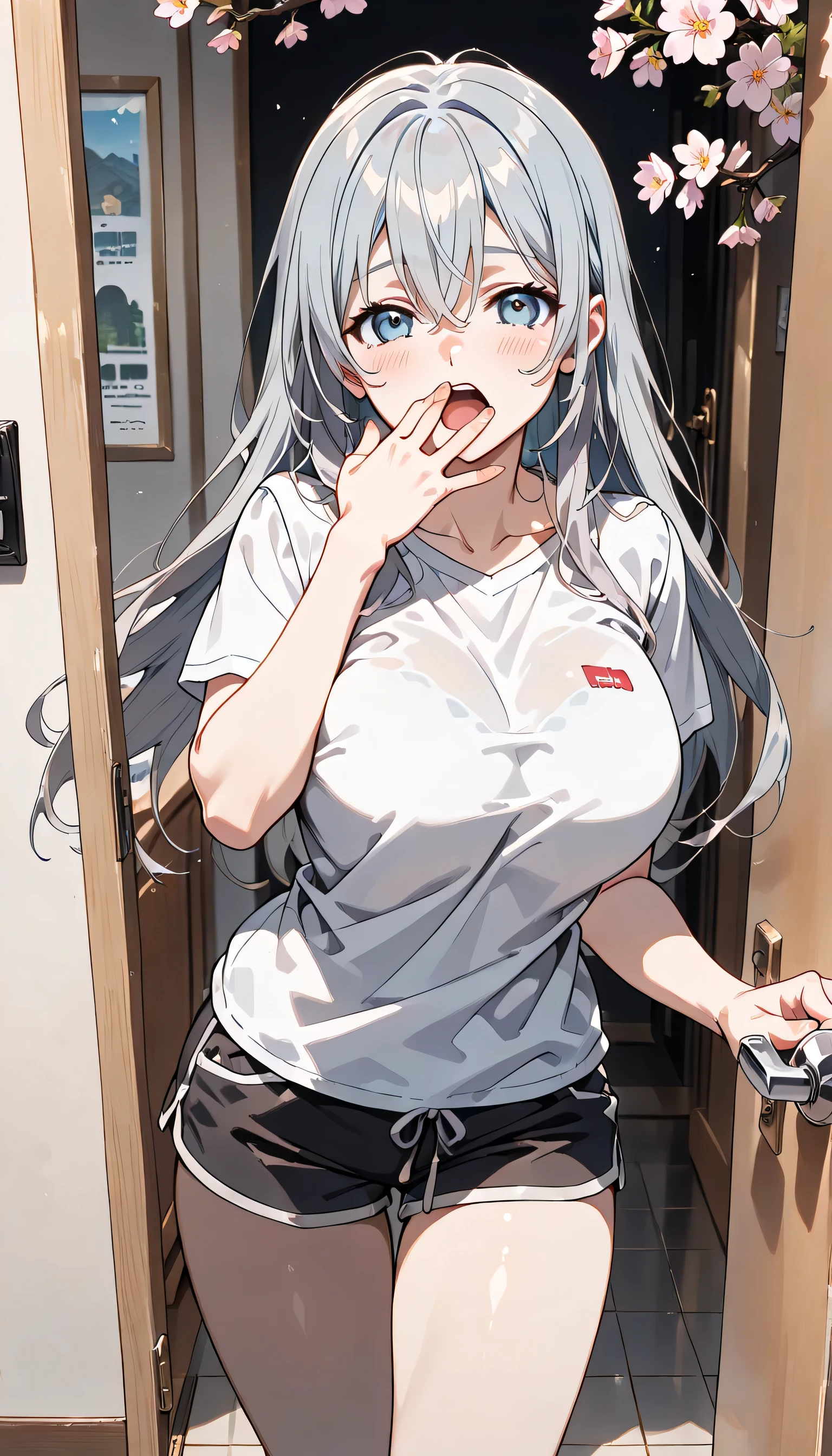 ((ultra-detailed)), (highly detailed CG illustration), (best quality:1.2), ultra-highly detailed, colorful composition, artistic photoshoot, 1girl, solo focus, ((thigh to top:1.4)), ((cowboy shot:1.4)), moe anime character, girl, dainty facial structure, (baby face), (round face), ((rounded chin:1.2)), ((ideal ratio body proportions)), (blue eyes), ((Yawn)), ((put hand on mouth)), ((Sleeping)), silver hair color, long hair, ample breasts, white T-shirt, braless, black shorts, (morning), (standing at the entrance), ((opening the front door:1.4)), ((opening door of apartment:1.4)), ((open the door from inside out:1.4)), ((Holding the doorknob:1.4)), ((looking viewer)), ((cherry blossoms in full bloom:1.4)), best quality, masterpiece, dynamic pose, overhead shot, expecting, pink cheek, blush, light pink gloss slip, portrait, depth of field, soft lighting, sidelighting, (shine), lighting, caustics, ray tracing, smile, perfect face, lustrous skin, highly detailed face, highly detailed eyes, perfect face, perfect nose, perfect hair, perfect eyes, perfect anatomy, beautiful hair, beautiful small face, extremely detailed face, beautiful detailed eyes, beautiful clavicle, beautiful body, beautiful huge breasts, leavage, breasts squeezed together, equalize the size of the left and right breasts, beautiful thin thighs, beautiful legs, beautiful fingers, 4 fingers, 1 thumb, lovely, (very detailed background:1.0), (highly detailed background:1.0), spring aesthetic, intricate details, morning atmosphere, spring colors palette, chromatic