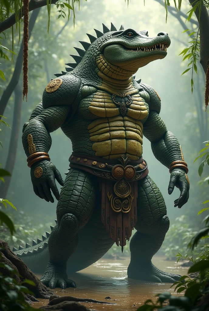 sweat drops, photography, (cool posing:1.1025), smooth skin, ultra realism shading, anthro, green, gator, photorealistic, nude, suggestive, (rembrandt:1.1025), huge pecs, tribal, warrior, biceps, (loincloth:1.05), tiny small waist, slim hunk, sfw, in a swamp, white belly, tail
