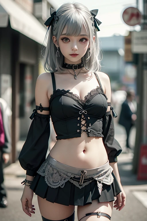Beautiful white hair woman is shown to have a tiny figure. She is wearing a gothic look, she has green eyes, twin tails, elf ears, goth makeup, choker, Girl standing in a street ally,, sexy session, poseing, cowboy shot, superior quality, many details, realistic