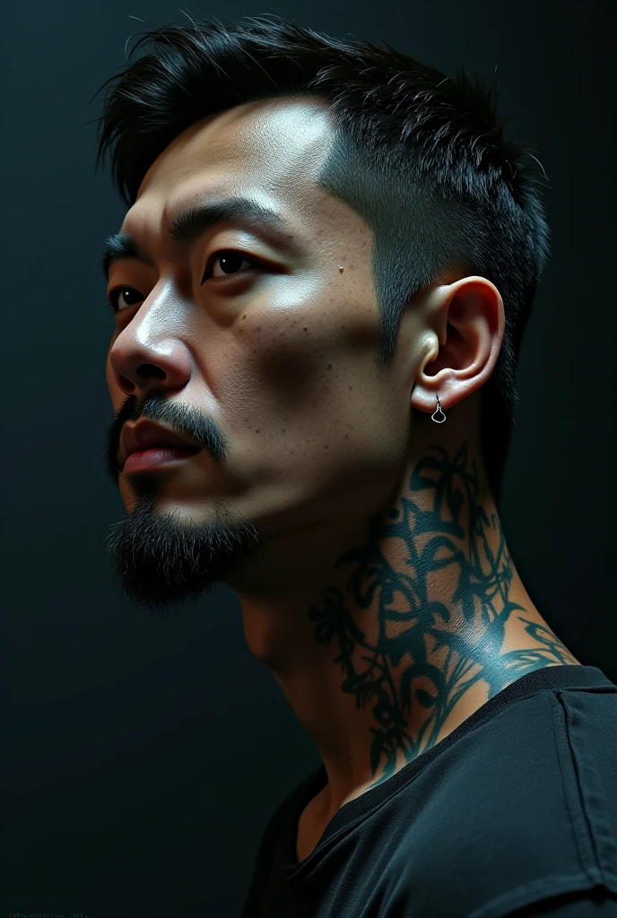 (medium full shot) of man, scar, yakuza wearing a dark grey button-up shirt, dark jeans, black boots, gold chain, man surprised, open mouth, running toward the viewer, set in Tattoo Parlor, clean and organized space with tattoo designs on the walls, a reclining chair, sterilization equipment, bright lighting, Masterpiece,best quality, photo, realistic, very aesthetic, detailed face,