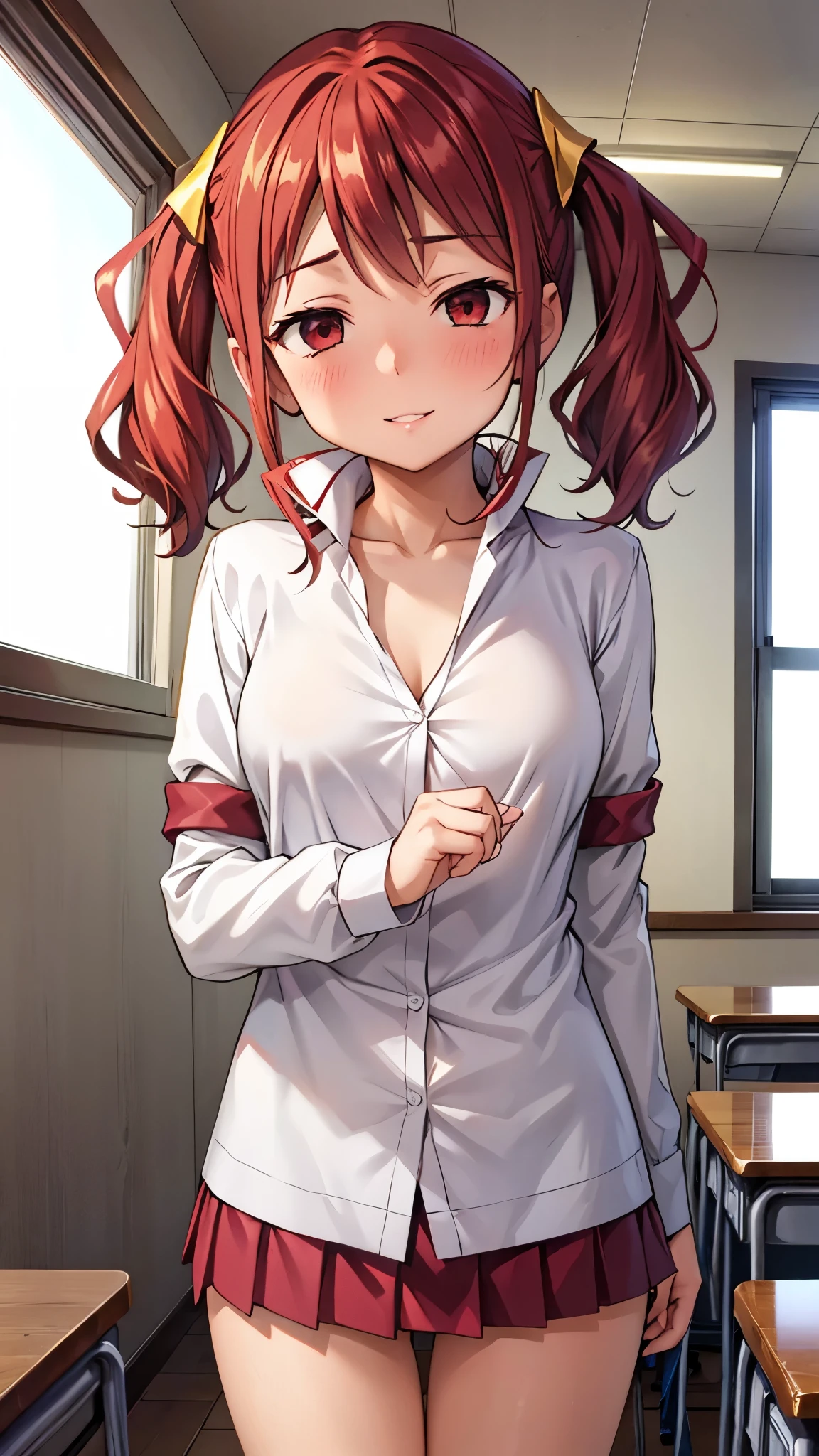 (super quality,super high resolution,16k,Super Masterpiece,Ultra HD ,detailed shading and background,)NSFW,taken from below,Sexy high school girl,twin tails,white shirt with the sleeve turned back,The Valley of the Chest,red miniskirt,white panties,cover,smile,Open your lips a little,In the classroom, legs spread wide ,