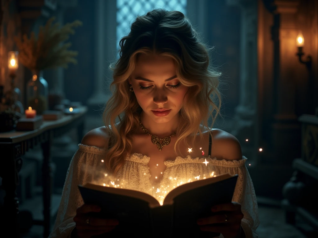 score_9, score_8_up, score_7_up Keira Metz studying a mystical artifact, her eyes reflecting the eerie glow of its enchantments in a candle-lit room."