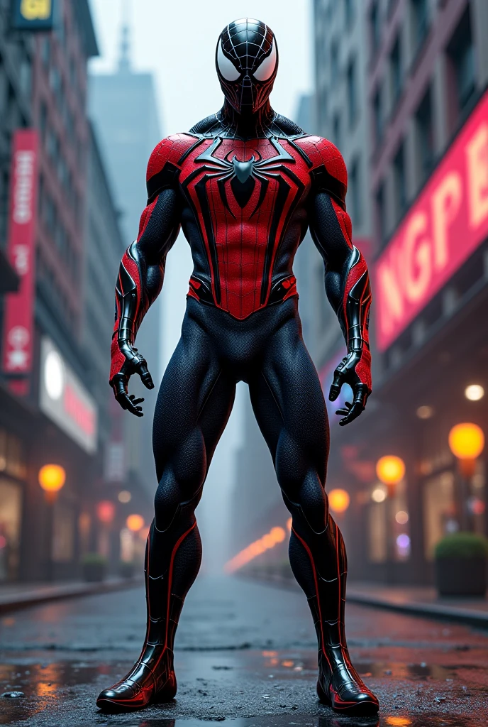 Spiderman, full face covered, symbiote, scared, black slime, octane render, bioluminescent,8K resolution concept art, realism,by Mappa studios,masterpiece,best quality,official art,illustration,ligne claire,(cool_color),perfect composition,absurdres, tall body, super hero landing pose, (cyberpunk city background), spider man symbiote suit,close shot, spider man focus, full body,neon light