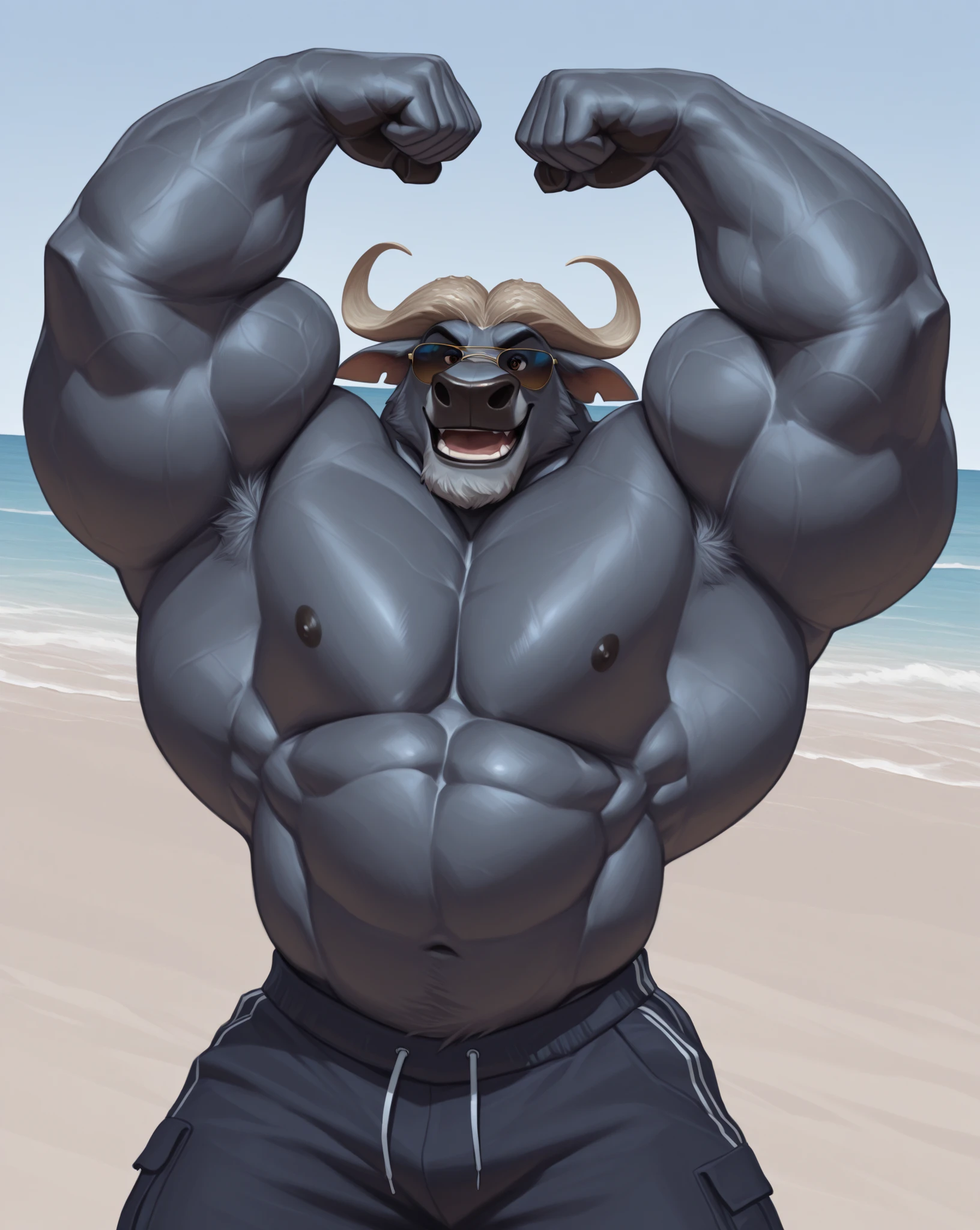 gyumao, bull, bovid, horn, (black body:1.4), black fur, fluffy, male, (partially clothed, swimwear, speedo), bulge, manly, markings, tail, beach, seaside, front view, 5 fingers, red facial hair, mohawk, red hair, red eyes, tail, tail accessory, tail jewelry, sunglasses, aviator sunglasses,
BREAK,
by zephyxus, by thebigslick, by personalami, by snowskau, (intricate, high detail, film photography, soft focus, RAW candid cinema,
photorealism, realistic, photorealistic, analog style, subsurface scattering,
masterpiece, best quality, ultra realistic, 8k)