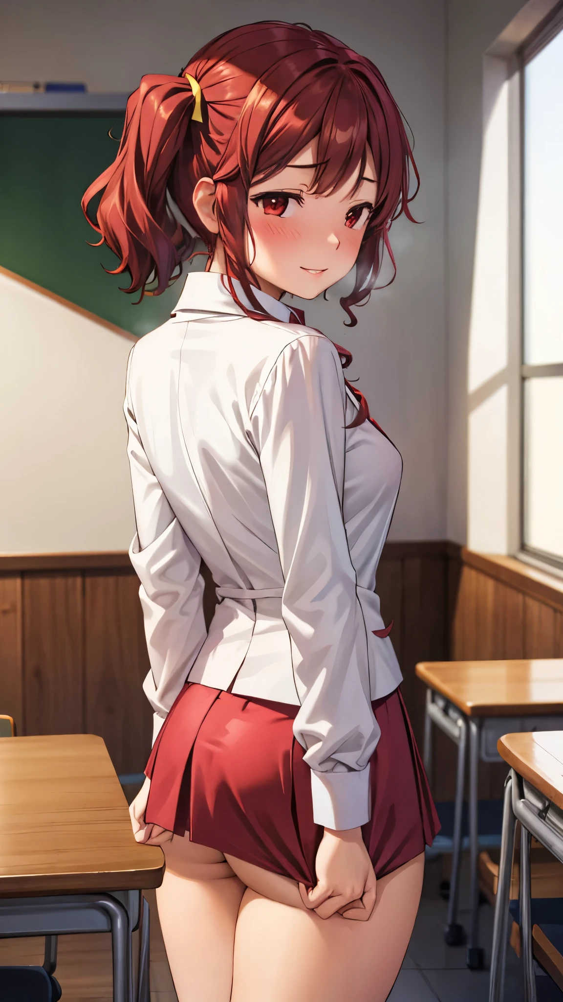 (super quality,super high resolution,16k,Super Masterpiece,Ultra HD ,detailed shading and background,)NSFW,taken from below,Sexy high school girl,twin tails,white shirt with the sleeve turned back,The Valley of the Chest,red miniskirt,white panties,cover,smile,Open your lips a little,In the classroom, legs spread wide ,