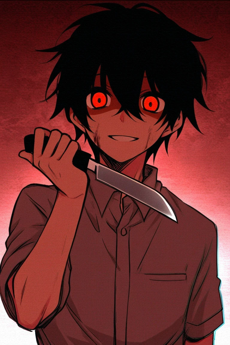 A handsome messy white and black hair,and beautiful eyes that gave the aura of madness,he had a crazy wide smile,has blood stains, front-facing,front view,wears blood stained clothes, masterpiece.