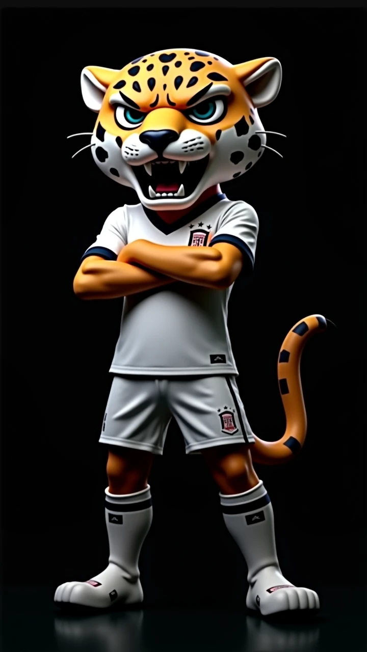 Photorealistic portrait of dressed animals:  white tiger as a soccer player,( dynamic action pose, holding a sign with both hands, looking straight ahead), high quality,(charming) ,intricate details, Very detailed ((white soccer uniform)) ,Very detailed, (happy), studio lighting,(full body image:1.5)