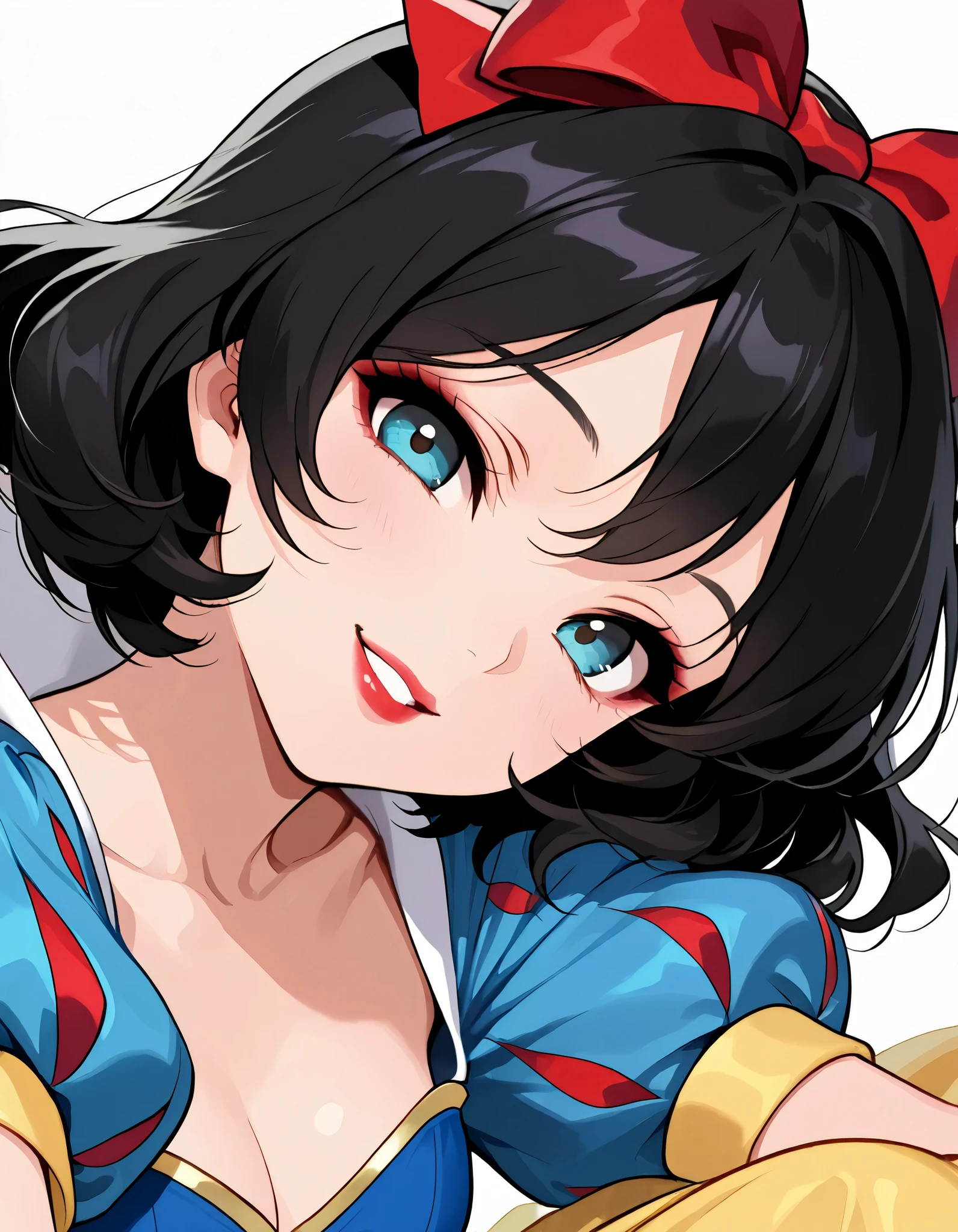 1 girl, solo, black hair, short hair, puffy hair, red lips, parted lips, smiling, happy expression, red bow on hair, snow white cosplay, snow white (disney) (cosplay), cosplay, dress, hair bow, puff and slash sleeves, puffy short sleeves, puffy sleeves, red bow, short sleeves, skirt, yellow skirt, hmu, no background, white background, looking at viewer, portrait shot, brown eyes