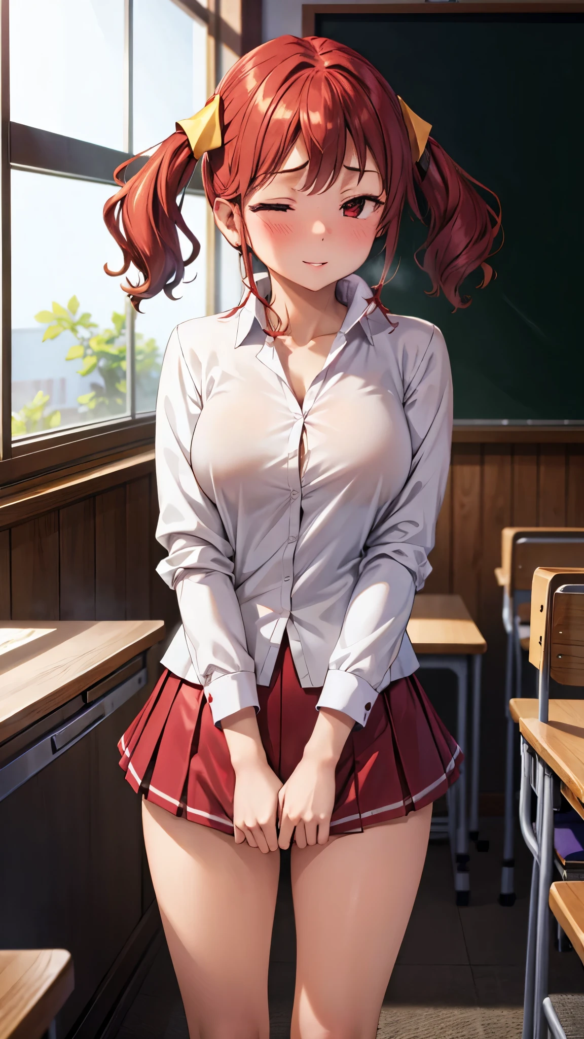 (super quality,super high resolution,16k,Super Masterpiece,Ultra HD ,detailed shading and background,)NSFW,taken from below,Sexy high school girl,twin tails,white shirt with the sleeve turned back,The Valley of the Chest,red miniskirt,white panties,cover,smile,Open your lips a little,In the classroom, legs spread wide ,lift the skirt,
