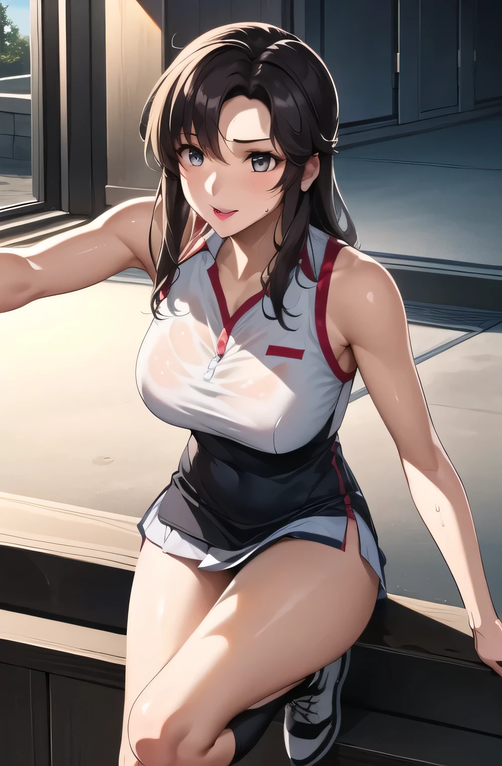 Masterpiece,Highest quality,8k,Ultra-high resolution,appropriate margins,Perfect hands,Perfect Fingers,Perfect human body,Perfect Eyes,((Cowboy Shot)),BREAK,Bright expression,(1 person),(The most beautiful mature women),Slim body,((Transcendently large breasts)),Cleavage,Moisturized Skin,Fair skin,BREAK,(Black Hair),Long Hair,ponytail,Unshaven,Thin eyebrows,BREAK,Pink eyes,Glowing eyes,BREAK,Cover one eye with hair,BREAK,((Sit wide open)),((Track and field uniforms)),BREAK,Make eye contact with your audience,nsfw,とてもBright expression