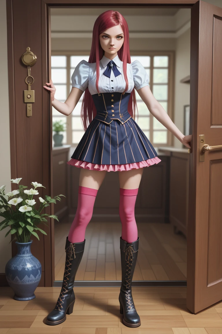 long hair, 1girl, hair ornament, twintails, solo, breasts, blue eyes, cleavage, bow, bear hair ornament, necktie, blonde hair, smile, bangs, large breasts, looking at viewer, collarbone, shirt, nail polish, red bow, black shirt, underwear, bra, skirt, choker, black bra, sleeves rolled up, white necktie, red nails, open mouth, pleated skirt, red skirt, shiny, teeth, medium breasts, miniskirt, shiny hair, upper body, school uniform, pink hair, boots, upper teeth only, plaid skirt, blush, knee boots, plaid, black footwear, cross-laced footwear, junko enoshima undressing,
Pure_Innocent_girl, pale skin
